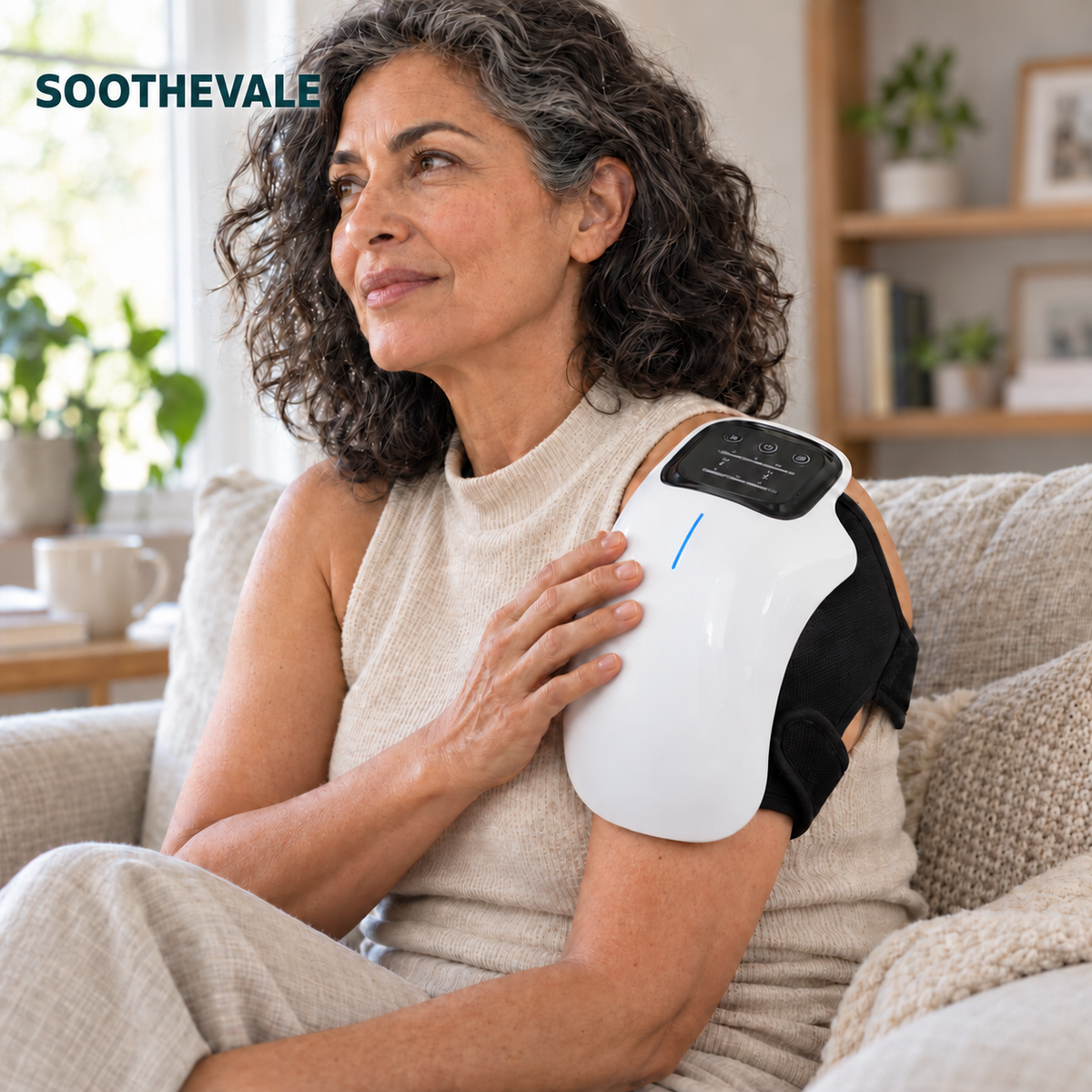 A woman seated at home with the SOOTHEVALE wrap fitted around her shoulder