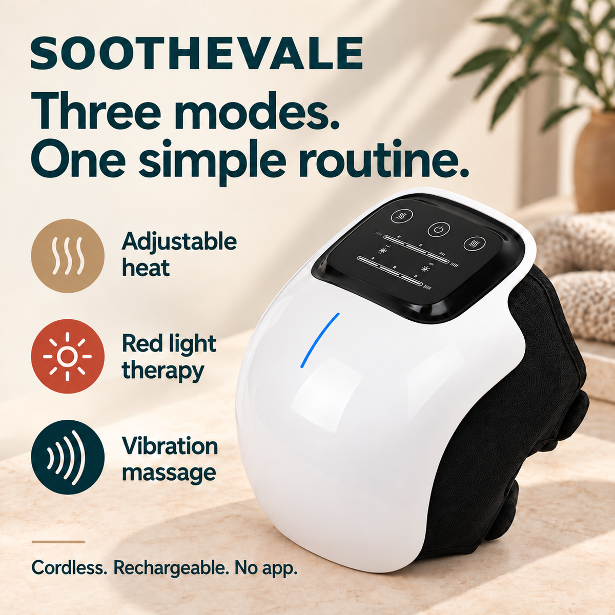 White SOOTHEVALE heated knee massager with a top touch panel and black adjustable strap
