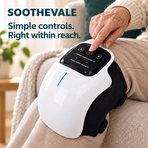 A seated adult adjusting the top controls on a SOOTHEVALE knee massager