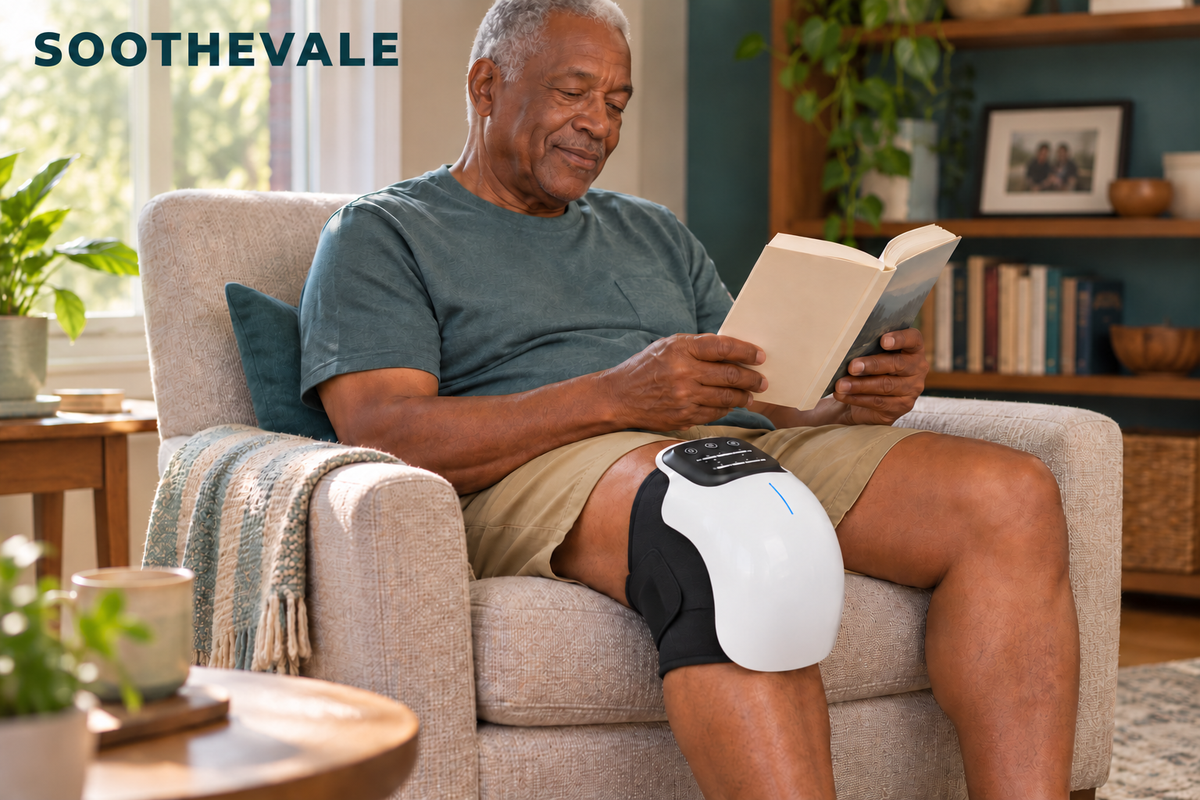 A man seated at home reading while wearing SOOTHEVALE on his knee