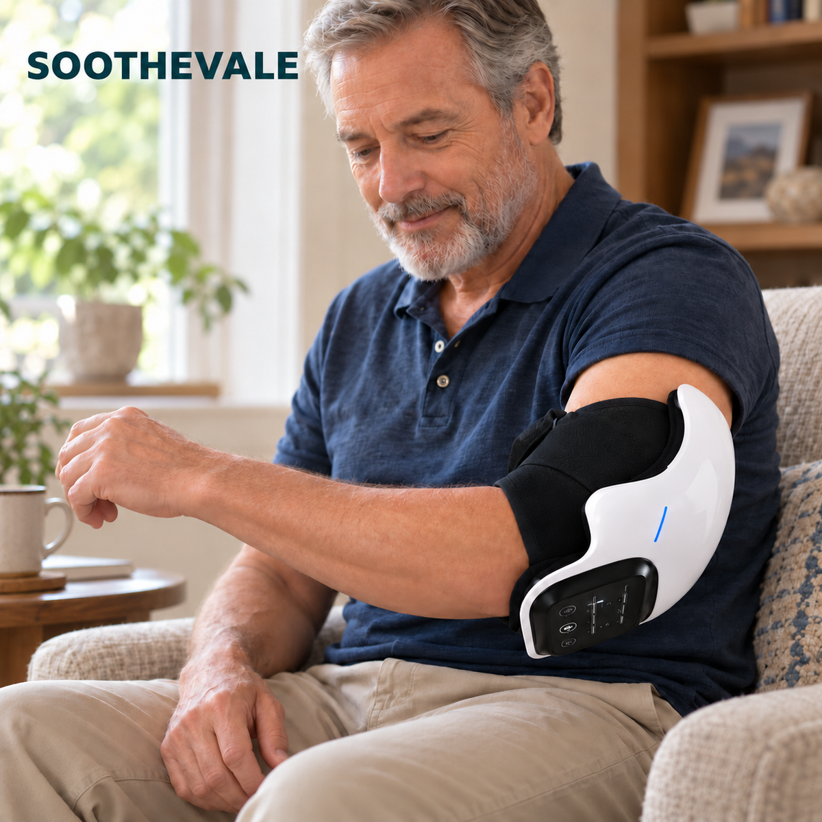 A man seated at home with the SOOTHEVALE wrap fitted around his bent elbow